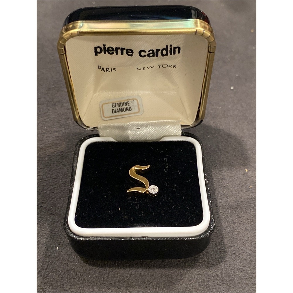 VTG Pierre Cardin "S" Tie Tac Lapel Pin Gold Tone Genuine Diamond & Original Box